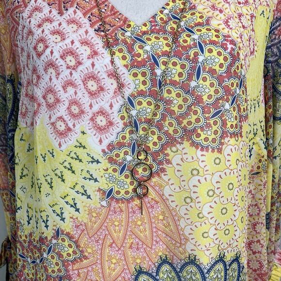 JM Collection Blouse Tunic size Large Pink Yellow Paisley Sheer Necklace Peasant - Picture 3 of 8